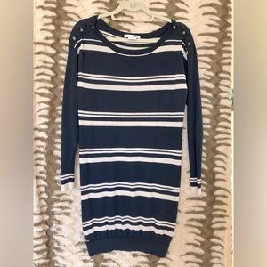 Lacoste Boat Neck Wool Sweater Dress Size 38 Pre owned Dark Blue Stripe 100%Wool